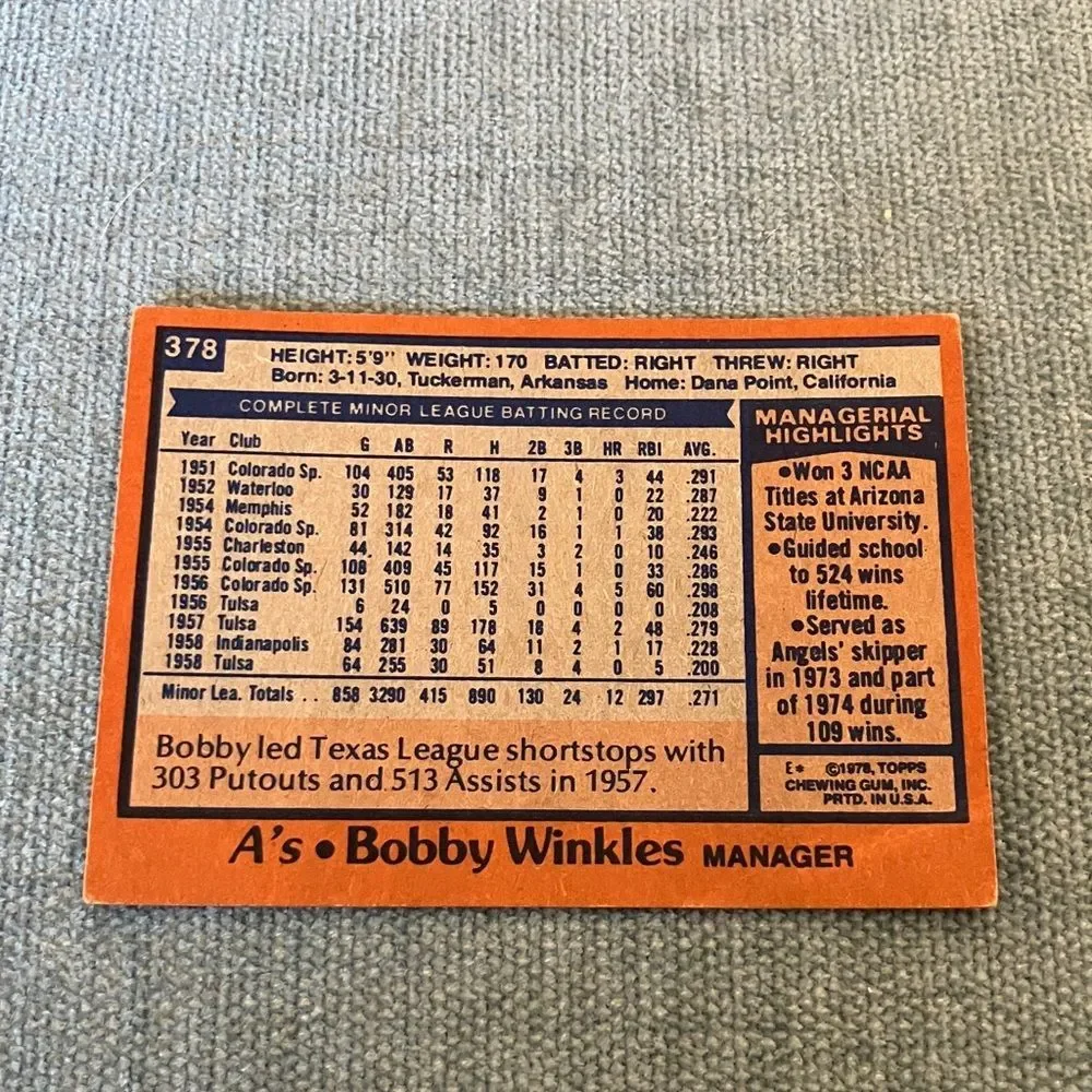 1978 Topps Oakland A's Baseball Card Trading Card